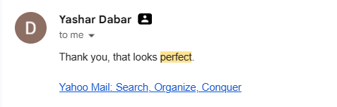Email review screenshot from Yashar Dabar